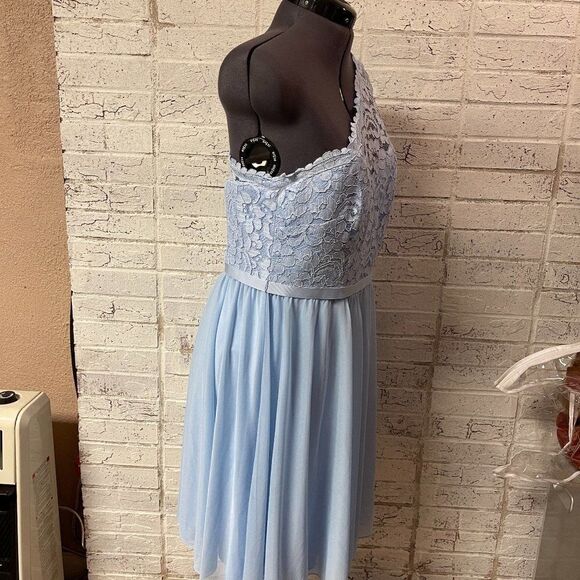 Davids Bridal Ice Blue One Shoulder Lace Dress 12 - Picture 4 of 12